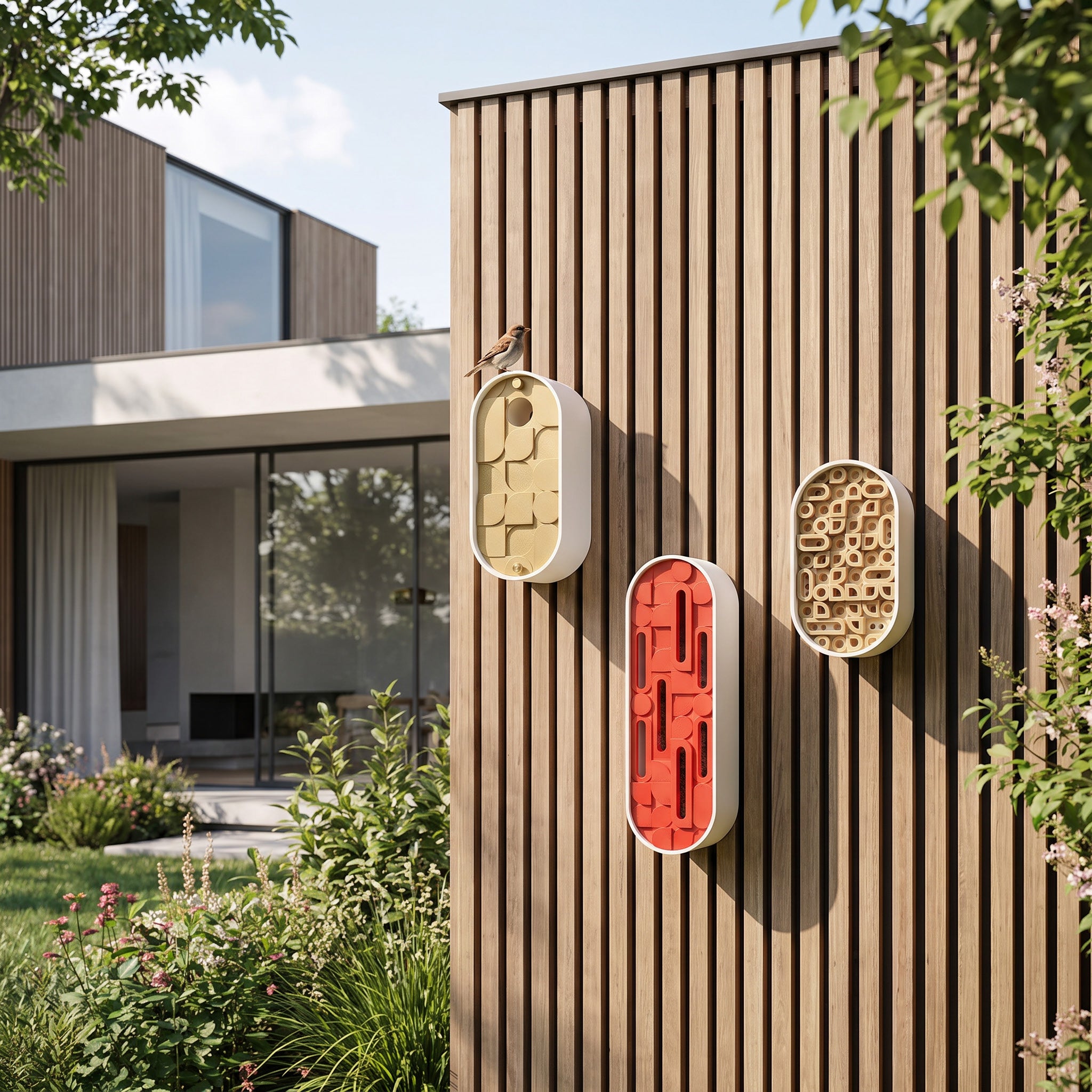 Haus habitat objects on a modern wood exterior